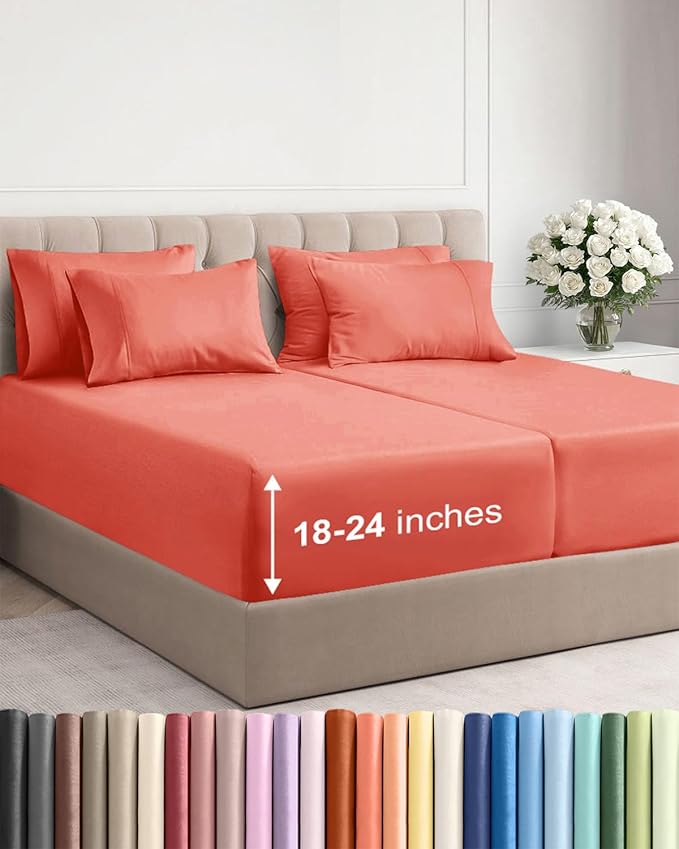 Extra Deep Split King Sheet Set - 7 Piece Breathable & Cooling Sheets - Hotel Luxury Bed Sheets Set - Easy & Secure Fit - Soft, Wrinkle Free & Comfy Sheets Set - Coral Sheet Set w/Extra Deep Pockets