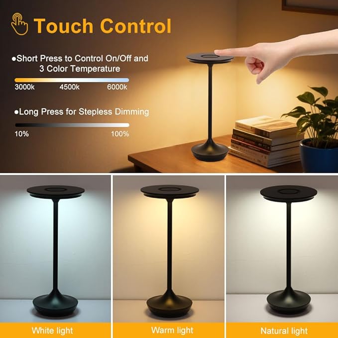 EJQ Rechargeable Cordless Table Lamp, 6000mAh Battery Operated LED Table Lights,Touch Control - 3 Color Dimmable for Bedroom, Patio, Cofee, Outdoor,Dining Home,Restaurant&Living Room-Black