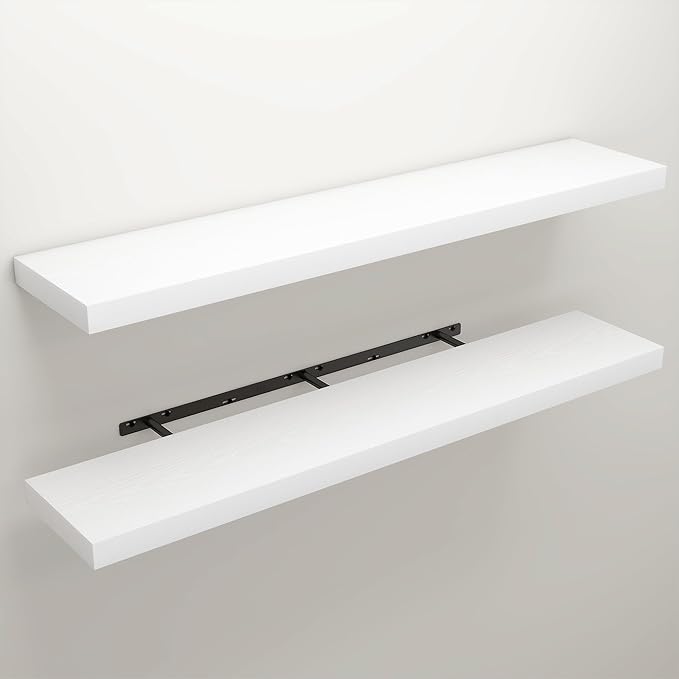 Floating Shelves for Wall, 9.3" Deep Wall Mounted Wood Shelves for Bathroom, Bedroom, Living Room, Kitchen, Hanging Shelf for Books/Storage/Room Decor (White, 48")