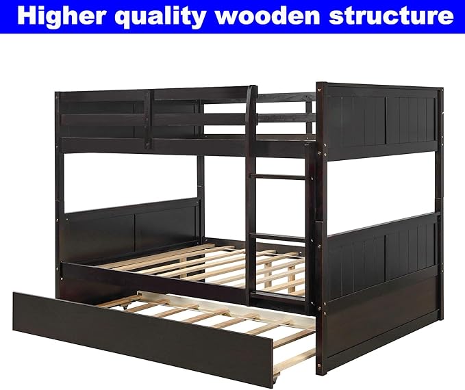 STERXONE Best Thicken Solid Wood Full Over Bunk Bed with Trundle, Luxurious Frame Size Safety Guard Rail and Ladder, Convertible to 2 Beds for Adults, Teens, Kids (Espresso)