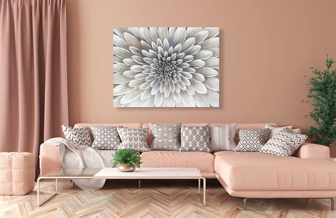 Floral Wall Art in Neutral Color Modern Canvas Decor in Glam Style Framed Artwork with Embellishment Texture Dahlia Flower Picture in White Grey Cream Hues for Office