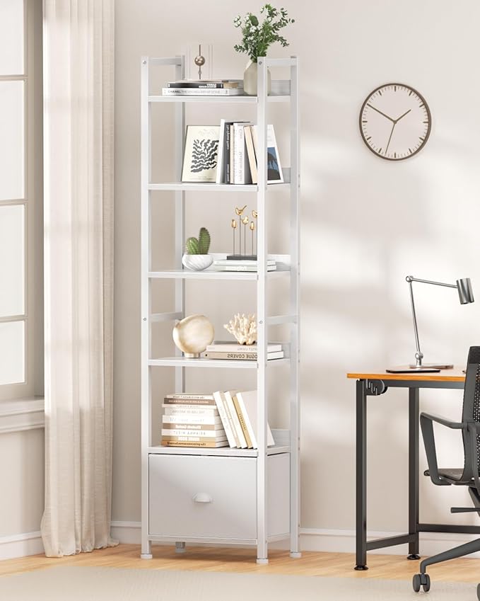 Furologee 6 Tier Bookshelf, Tall Shelf with Drawer, Wood and Metal Bookshelves Storage Organizer, Modern Display Shelving Unit for Bedroom, Living Room, Home Office, White