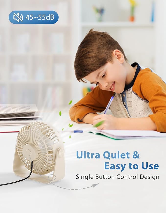 TriPole USB Desk Fan Portable Mini Fan Powerful 3 Speeds Wind Personal Desktop Fan with 360° Head Rotation for Home Office Car Indoor Outdoor Beige, No Battery, 4.5 Inches