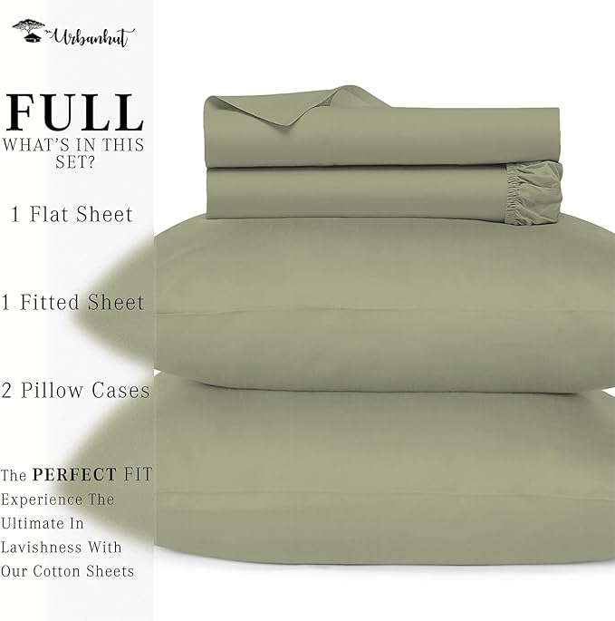 URBANHUT 800 Thread Count 100% Cotton Full Size Sheets, Luxury 4 Piece Full Bedsheets, Hotel Sheets Sateen Finish - Better Than Egyptian, 16" Elasticized Deep Pocket - Sage