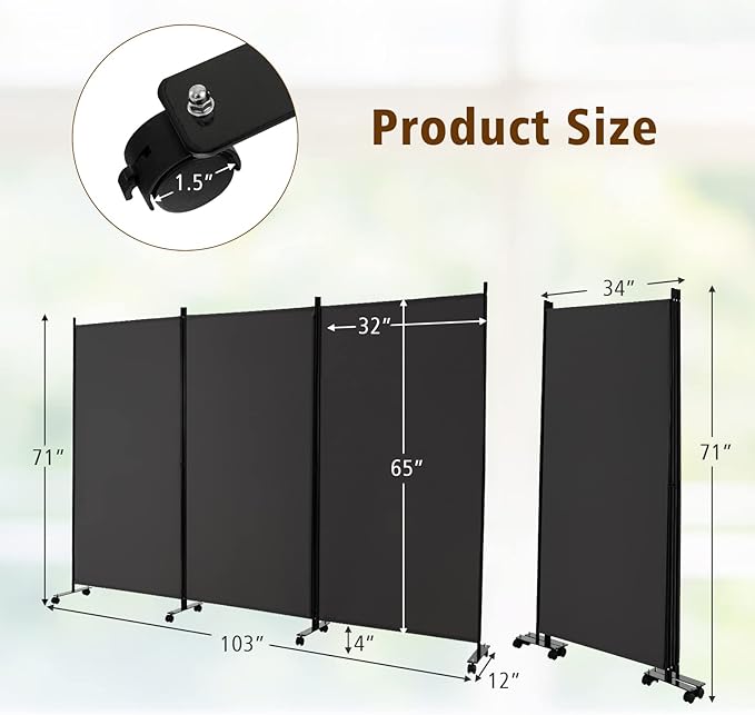 GOFLAME 3 Panel Folding Room Divider, 6FT Rolling Privacy Screen with Lockable Wheels, Portable Room Partition Screen, Freestanding Wall Divider and Separator for Home Office, Grey