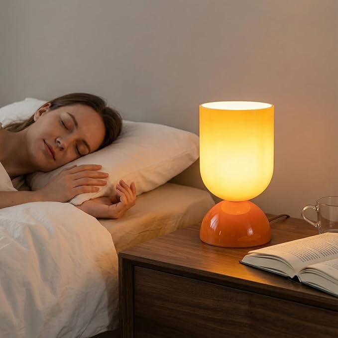 8.9" Modern Glass Table Lamp for Living Room, Dimmable Desk Lamps for Bedroom, UL Listed Nightstand Lamp with Dome Base, End Table Lamps for Home, Side Tables, College Dorm, Office, Glossy Orange
