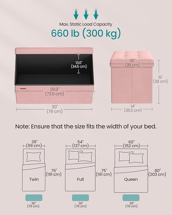 SONGMICS Mazie Collection - 30 Inches Storage Ottoman, Foldable Storage Bench with Flipping Lid, 660 lb Load Capacity, for Entryway, Living Room, Bedroom, Velvet Fabric, Jelly Pink ULSF048SA03