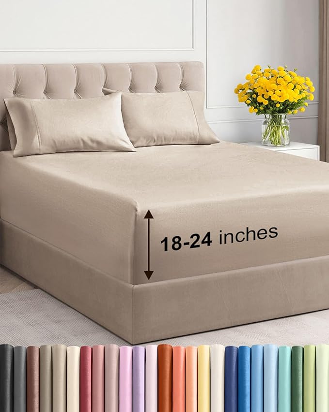 Extra Deep Twin XL Sheet Set - 4 Piece Breathable & Cooling Sheets - Hotel Luxury Bed Sheets Set - Easy & Secure Fit - Soft, Wrinkle Free & Comfy Sheets Set - Wheat Sheet Set with Extra Deep Pockets