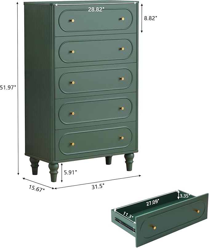 5 Drawer Fluted Dresser for Bedroom Set of 2, Mid Century Modern Chest of Drawers, Wood Storage Large Dresser Organizer for Bedroom Living Room Hallway Closet, Green