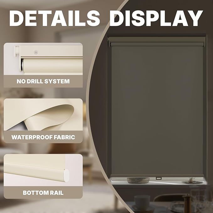 HESTIA No Drill Cordless Blackout Roller Shades Screwless Waterproof Shower Window Blinds, Auto-Retraction Easy Install Blind for Bathroom/Kitchen/Office/Exterior, Cream, 39" W x 54" H
