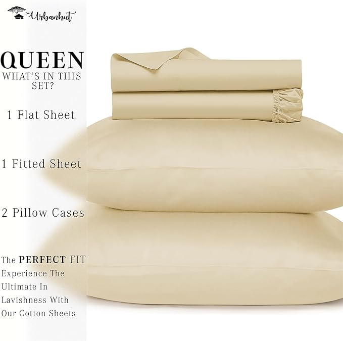 URBANHUT 800 Thread Count 100% Cotton Queen Size Sheets, Luxury 4 Piece Queen Bedsheets, Hotel Sheets Sateen Finish - Better Than Egyptian, 16" Elasticized Deep Pocket - Sand