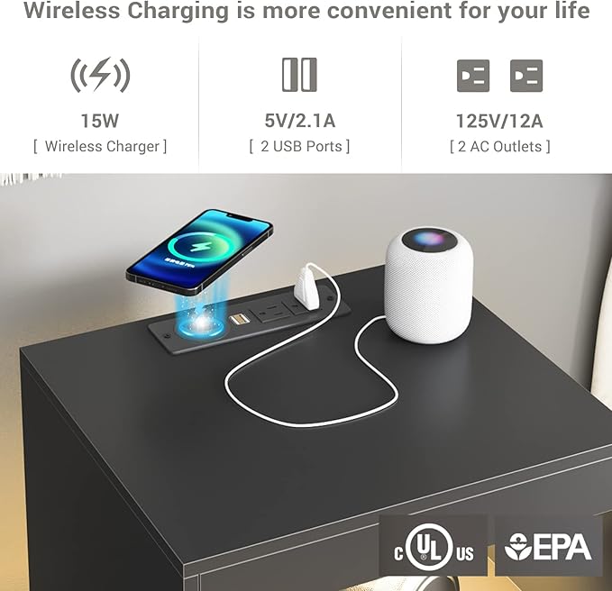 Tiptiper Black Nightstand Set of 2, LED Nightstand with Wireless Charging Station, Night Stand with Drawers & Pull-Out Shelf, Modern Bedside Table with Storage, End Table Side Table
