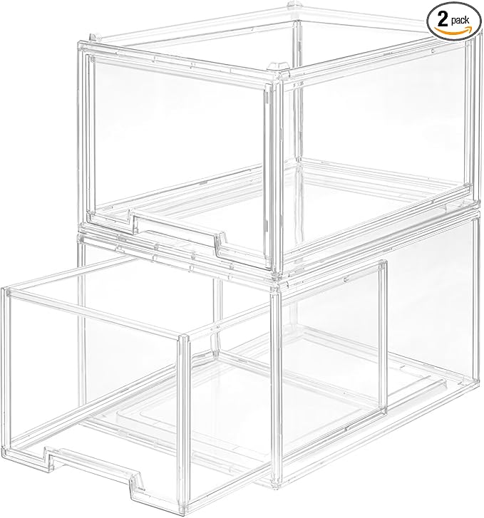 AZ.MIFENO Large Stackable Storage Drawers,Clear Thickened Drawer Organizers with Pull-Out Drawer for Skincare,Cosmetics, Ideal for Closet,Bathroom,Kitchen Undersink,Cabinet,Toy Organization (2 Packs)