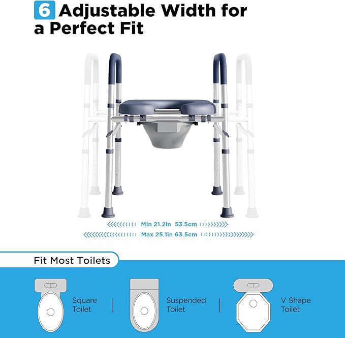 Bedside Commode for Seniors, FSA/HSA Eligible Bedside Toilet with Adjustable Width and Height, 400 LBS Weight Capacity, 16.5 Inch Extra Large Soft Seat Plate