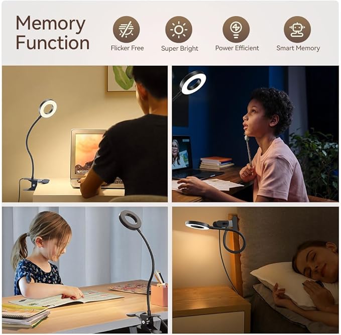 GARMESE LED Desk Lamp Clip on Light with 3 Color Modes 10 Brightness Ring/Clamp Light 360° Adjustable Neck Dimmable Eye Protection Desk Lamps for Home Office