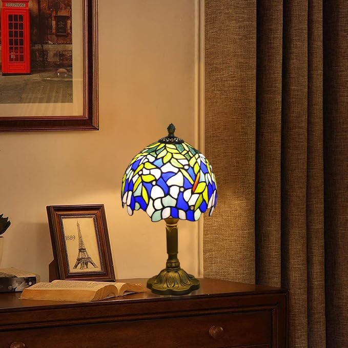 Tiffany Table Lamp Mini Nightstand Lamps Stained Glass Bedside Lamp Wisteria Night Lamp Reading Desk Light for Office Bar Bedroom Living Room,7.87 inch
