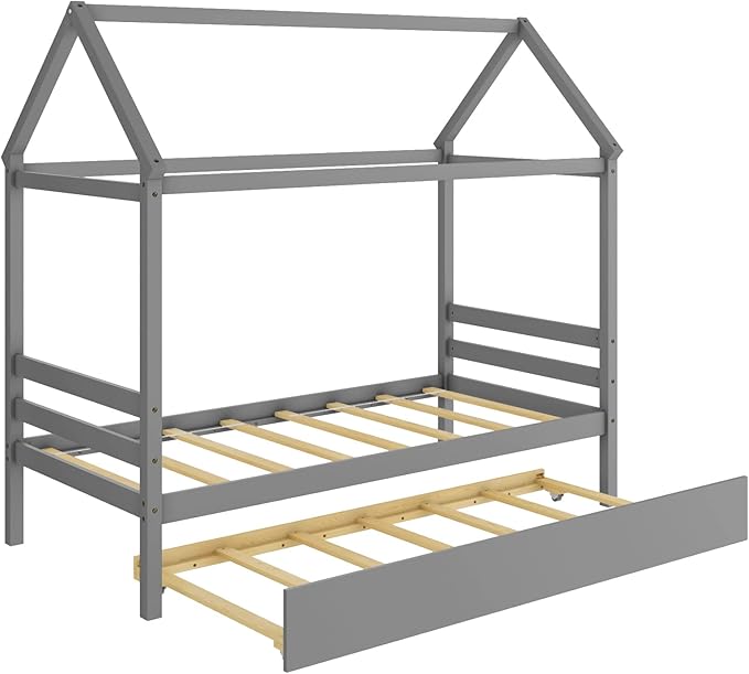 Giantex House Bed with Trundle, Solid Wood Twin Size Daybed for Girls & Boys, Kids Platform Bed Frame with Roof for Bedroom, No Box Spring Needed, Grey