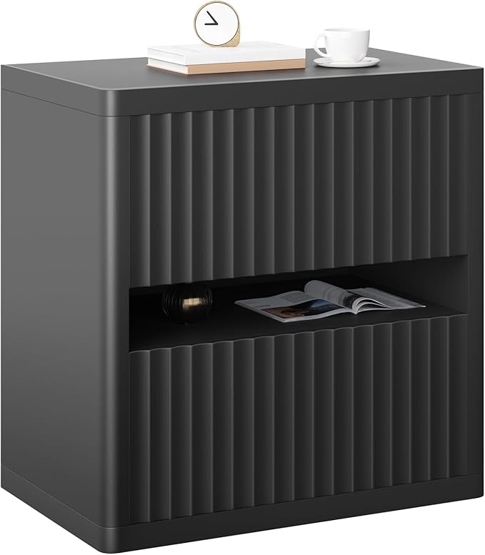 Dripex Fluted Nightstand with 2 Drawers, Large Wide Wood Night Stand Bedside Tables for Bedroom, Mid-Century Modern Storage Bed Side Table, End Tables for Living Room Sofa Couch, Black, Set of 1