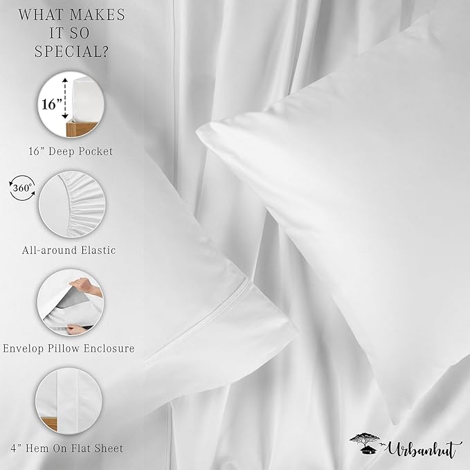 URBANHUT 800 Thread Count 100% Cotton California King Size Sheets, Luxury 4 Piece Cal King Bedsheets, Hotel Sheets Sateen Finish - Better Than Egyptian, 16" Elasticized Deep Pocket - White