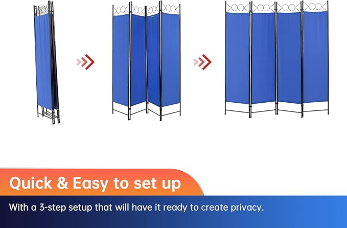 4 Panel Room Divider 6FT Steel Frame Screen Folding Privacy Divider Freestanding Partition for Home Office Bedroom (Blue)