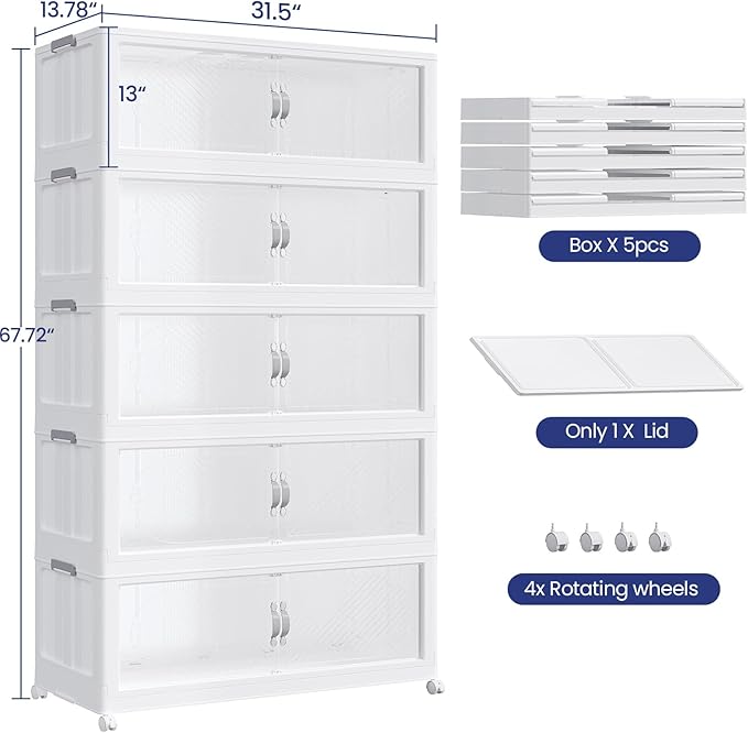 800QT Plastic Stackable Storage Bins with Lid, 200GAL Extra Large Collapsible Box with Wheels Clear Door, Foldable Closet Organizer Container Cabinet Drawer for Home Kitchen，5Pack, White