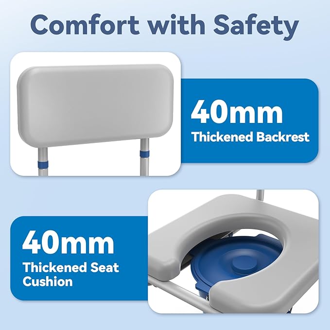 Loyoda Drop Arm Bedside Commode, Commode with Padded Seat and Backrest, 500lbs Capacity, 5.81QT Removable Bucket, Adjustable Height Portable Toilet for Adults, Gray