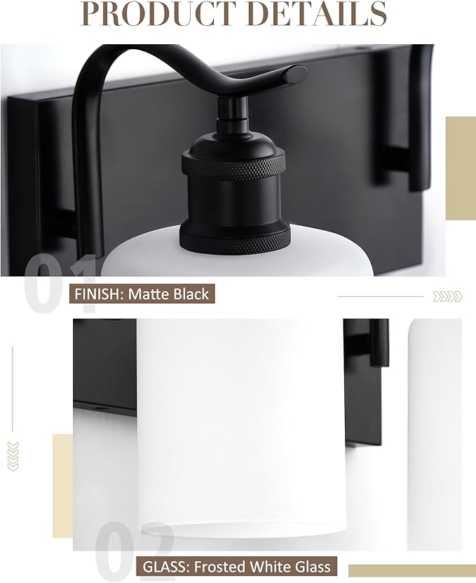 Black Vanity Light, 4-Light Bathroom Light Fixture, Modern Wall Sconce with Milk Glass, VL01BKW-4