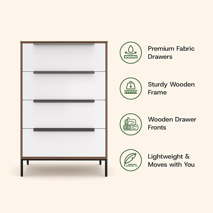 tinge Lira Premium Fabric Dresser - Solid Wooden Frame, 4 Spacious Sag-Proof Drawers with Sleek Metal Handles - Sleek & Durable Storage Solution for Your Home (Dark Brown)