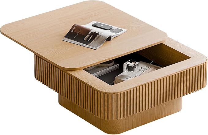 LKTART Coffee Table for Living Room, Accent Fluted Square Coffee Table with Hidden Storage, Modern Solid Wood Veneered Circle Center Tea Table for Small Space Apartment (31.5''D×14''H-Natural)