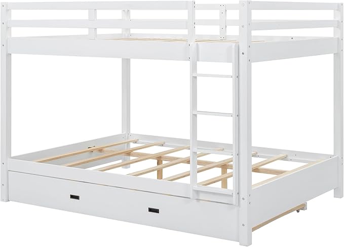 Bellemave Queen Over Queen Size Bunk Bed with Trundle for Kids/Adults,Solid Wood Bunk Bed Frame Queen Size with Ladder & Safety Guardrails,White