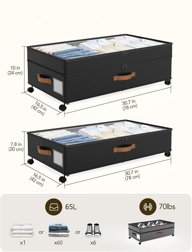 Under Bed Storage with Wheels, 72L XXL Under the Bed Storage Containers Large, 10‘’ Tall Adjustable Storage for Underbed with Lids