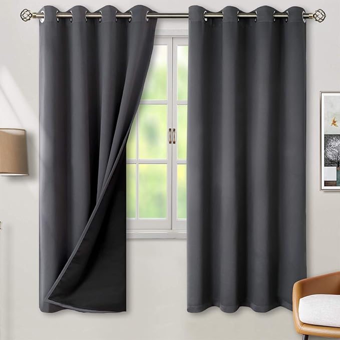 BGment Thermal Insulated 100% Blackout Curtains for Bedroom with Black Liner, Double Layer Full Room Darkening Noise Reducing Grommet Curtain (52 x 72 Inch, Dark Grey, 2 Panels)