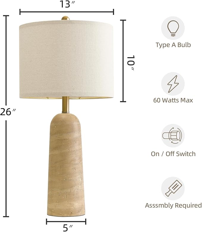 BOBOMOMO 27.25" Modern Table Lamp Set of 2, Warm Beige Resin Lamp with Natural Stone Look, Lamps for Living Room with Linen Shades, Bedside Lamp for Bedroom, Living Room, Nightstand, Entryway