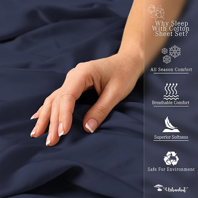 URBANHUT 800 Thread Count 100% Cotton King Size Sheets, Luxury 4 Piece King Bedsheets, Hotel Sheets Sateen Finish - Better Than Egyptian, 16" Elasticized Deep Pocket - Navy Blue