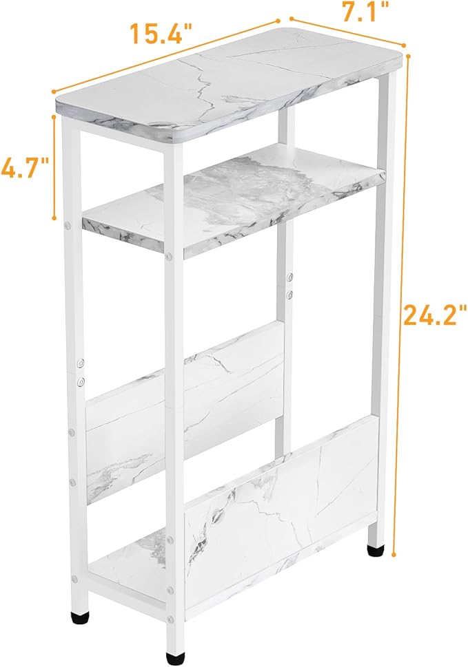 THUMEYE 7.1" Narrow Side Table for Small Spaces, 3 Tier Small End Table with Magazine Holder, Slim/Skinny Nightstand/Bedside Table, 15.4" L x 24.2" H, Faux White Marble with White Legs