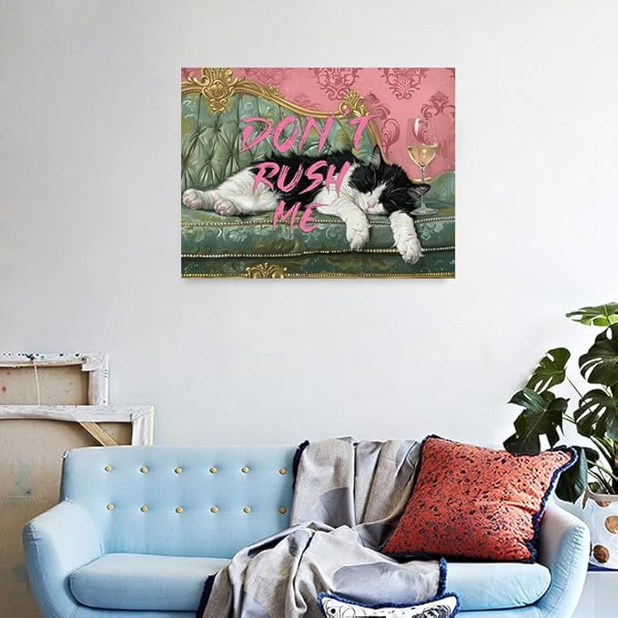 Pveror Funny Cat Wall Art Canvas Dont Rush Me Sleeping Black White Cat Painting Vintage Sofa Style Humorous Decor for Living Room Bedroom Office Pet Lover Gift Modern Home Decor 12x16 Inches
