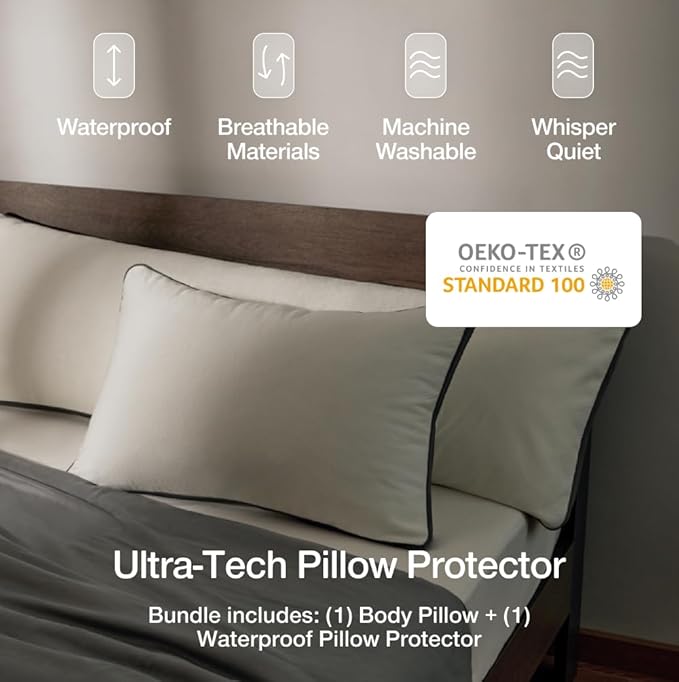 Coop Home Goods Original Adjustable Body Pillow (20x54) and Ultra-Tech Waterproof Pillow Protector Bundle for Pregnancy, Full Body Support for Side Sleepers with Memory Foam & Washable Cover