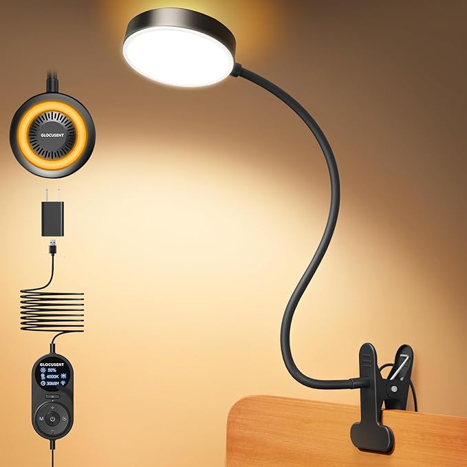 Glocusent Clip on Light, 72 LEDs Clip on Lamp with Amber Night Light, 3 Colors & 5 Brightness Bed Lamp, 30/60-Min Auto Off Timer, Perfect Eye Caring Reading Lamps for Bed/Headboard/Table/Desk