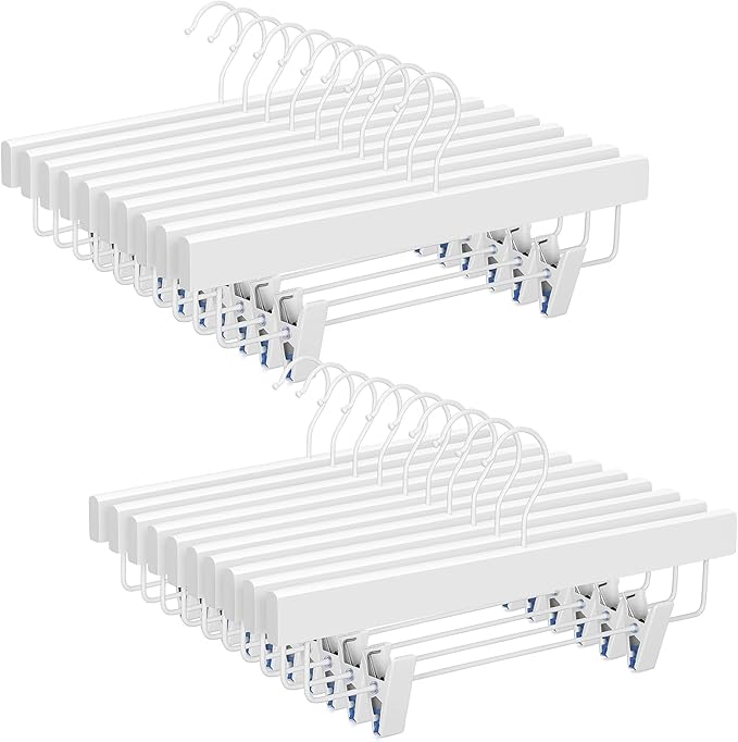 TOPIA HANGER Lotus Wood Pants Hangers, Skirt Short Bridal Trousers Slacks Hangers with 2 Premium Adjustable White Metal Clips with Rubber Stopper Padded 360° Swivel White Hook 20 Pack, CT55W20