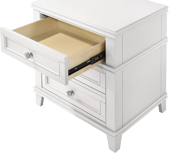HKHUASEN White Bedside Table with 3 Drawers and USB Ports, Nightstand for Bedroom Organization and Easy Charging
