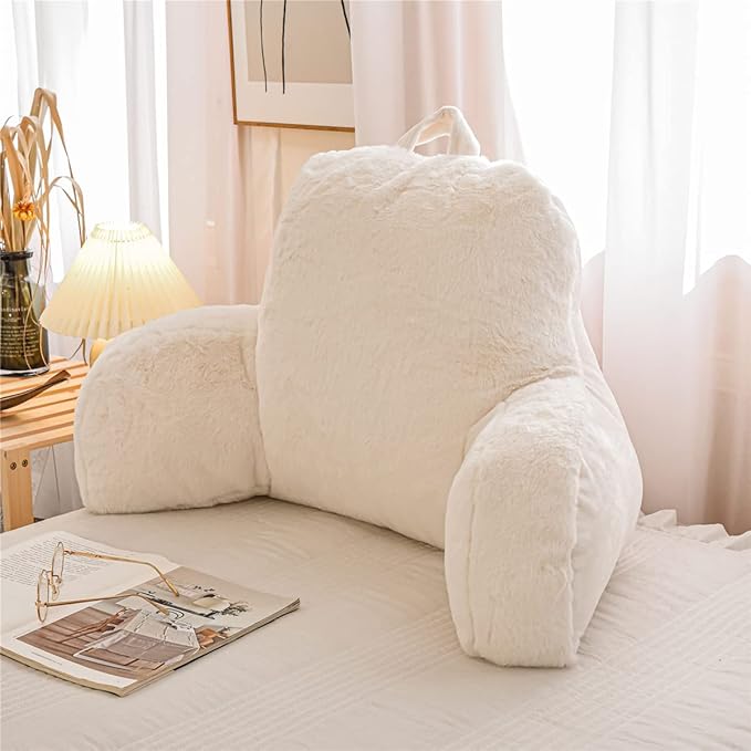 Holawakaka Large Faux Fur Bed Rest Pillow with Arms, Rabbit Fur Reading Pillows Perfect for Adults Men Women, Arm, Back, Pregnancy Lumbar & Head Neck Coccyx Lower Back Support Cushion (Ivory)