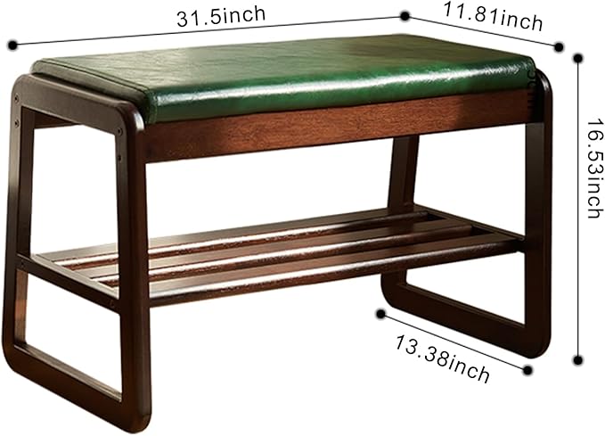 Solid Wood Shoe Bench, 2-Tier Wooden Storage Entryway Bench, Mid-Century Modern Shoe Bench Rack, End of Bed Bench with Faux Leather Cushion, Ottoman Bench for Hallway, Living Room (Walnut, 31.5'')
