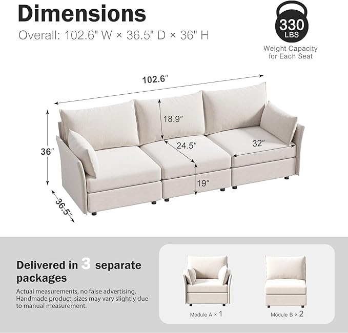ABCASA 102.6" Modular Sectional Sofa, Oversized 3-Seater White Couch with Removable Chenille Fabric Cover, Deep Seat & High Backrest for Living Room, Office & Apartment