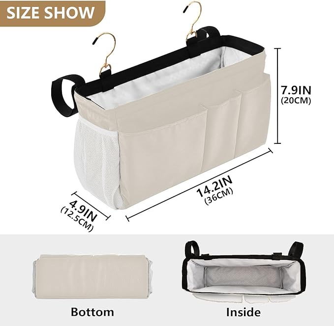 KOPIRIT Beige Bedside Caddy Storage Bag Bedside Organizer for Bed Rails College Dorm Room Organizer Caddy Hanging Shelf 6 Pockets with Hooks for Book Glasses Phone Holder