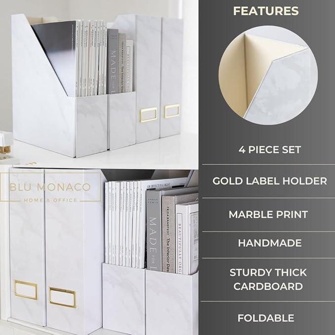 BLU MONACO Set of 4 Magazine Holders | White Marble Design with Gold Label Holders | Foldable File Organizer Boxes for Desk, Office & Classroom | Stylish Paper & Magazine Storage