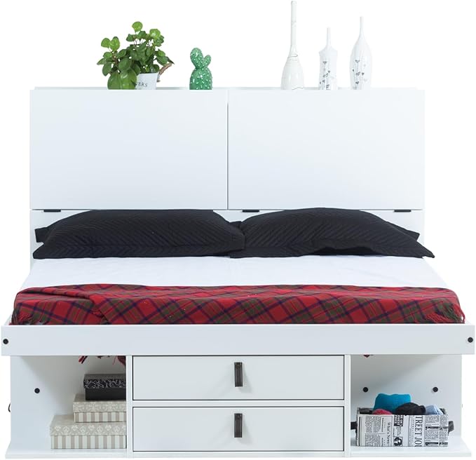 memomad Bali Set: Storage Platform Bed with Drawers + Bookcase Headboard (Full Size, White Wood)