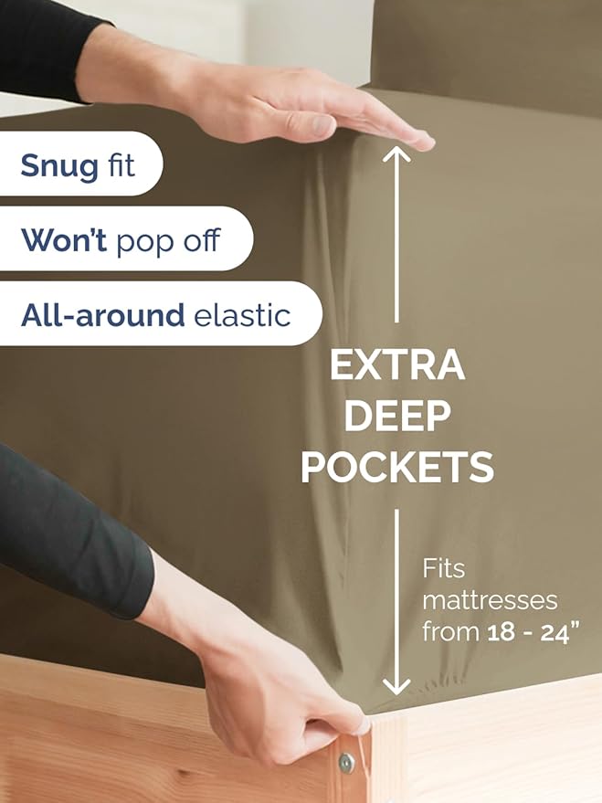 Extra Deep Twin XL Sheet Set - 4 Piece Breathable & Cooling Sheets - Hotel Luxury Bed Sheets Set - Easy & Secure Fit - Soft, Wrinkle Free & Comfy Sheets Set - Khaki Sheet Set with Extra Deep Pockets