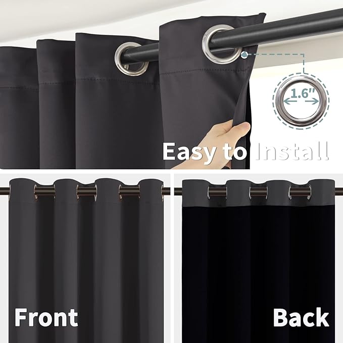 BGment Thermal Insulated 100% Blackout Curtains for Bedroom with Black Liner, Double Layer Full Room Darkening Noise Reducing Grommet Curtain (52 x 72 Inch, Dark Grey, 2 Panels)