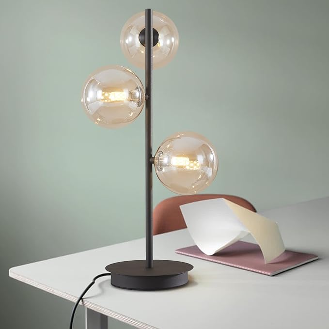 Modern Globe Table Lamp, Mid Century 3 Lights Black Bedside Lamp, Brown Glass Globe Reading Lamp for Bedroom Living Room Study Room