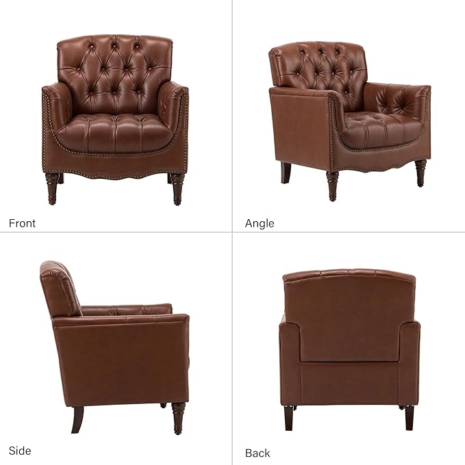 HULALA HOME Mid Century Modern Leather Club Chairs Set of 2, Top-Grain Genuine Leather Armchairs with Button-Tufted Back & Solid Wood Legs, Accent Chairs for Living Room/Bedroom/Home Office, Brown